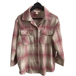 Emma's Expressions Plaid‎ Button Up Shirt Jacket Flannel Womens Small Pink Beige